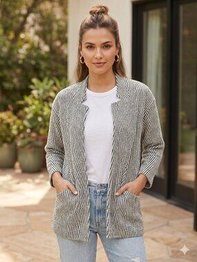 Express Open Front Longline Cardigan XS Black White Chevron Boucle Knit EUC